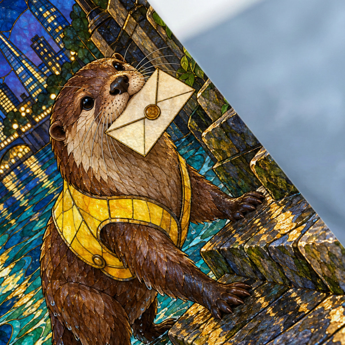 Otter in yellow vest carrying a letter against a stained glass city backdrop.
