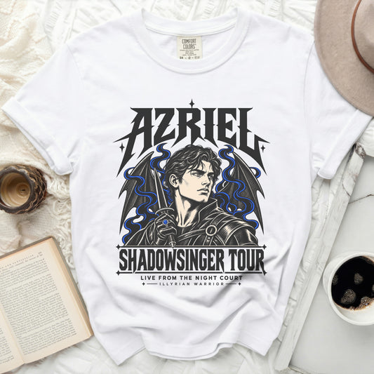 White t-shirt with "AZRIEL SHADOWSINGER TOUR" graphic of a winged man.