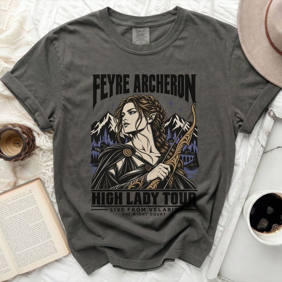 Dark gray Comfort Colors t-shirt with Feyre Archeron High Lady Tour graphic.