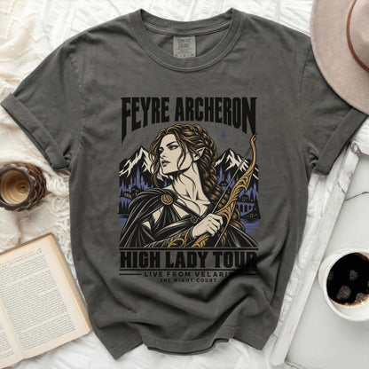 Dark gray Comfort Colors t-shirt with Feyre Archeron High Lady Tour graphic.