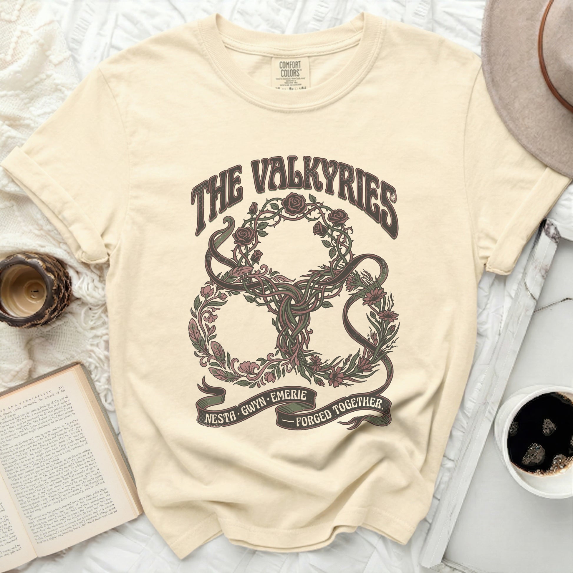 Comfort Colors shirt with The Valkyries floral knot and text.