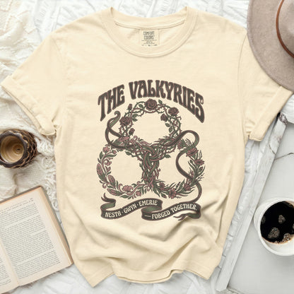 Comfort Colors shirt with The Valkyries floral knot and text.