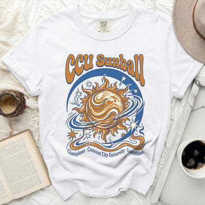 White t-shirt with CCU Sunball graphic and text Champions, Crescent City University, Lunathion.
