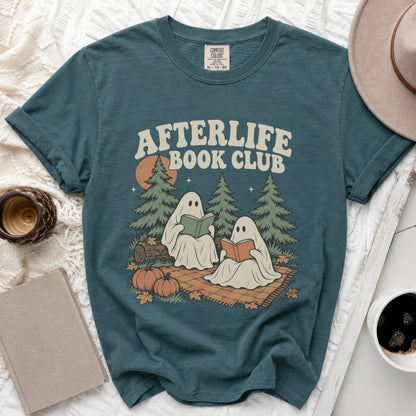 Teal t-shirt with "Afterlife Book Club" text and two ghosts reading.