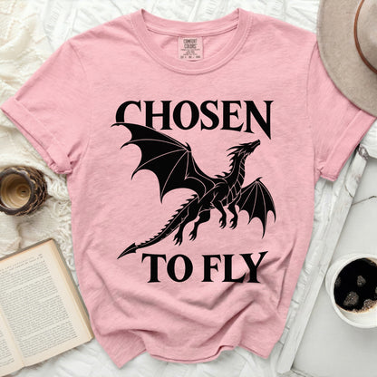 Pink t-shirt with black dragon graphic and text "CHOSEN TO FLY".
