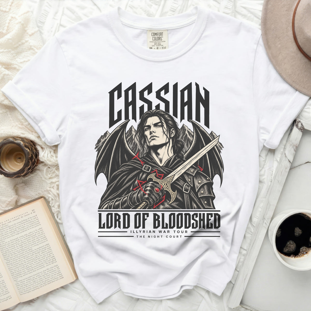 White t-shirt with Cassian, Lord of Bloodshed, Illyrian War Tour design.