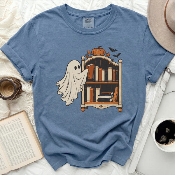 Bookish Ghost Bat Tee in Blue Jean