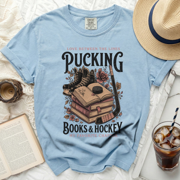 Pucking Books & Hockey Tee in Chambray
