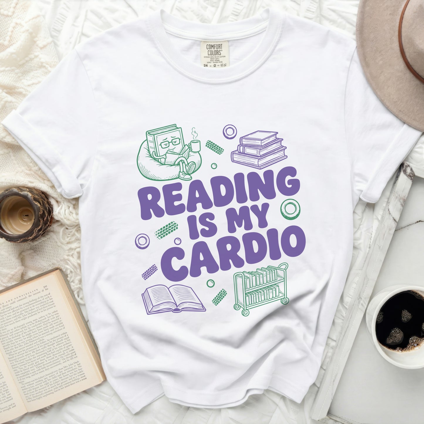 White t-shirt with purple and green "Reading Is My Cardio" graphic and book icons.
