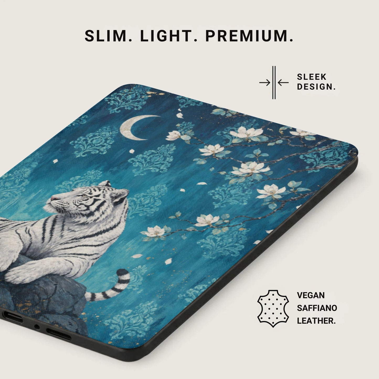Protective case with white tiger and moon design, vegan saffiano leather.