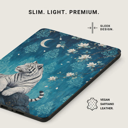 Protective case with white tiger and moon design, vegan saffiano leather.