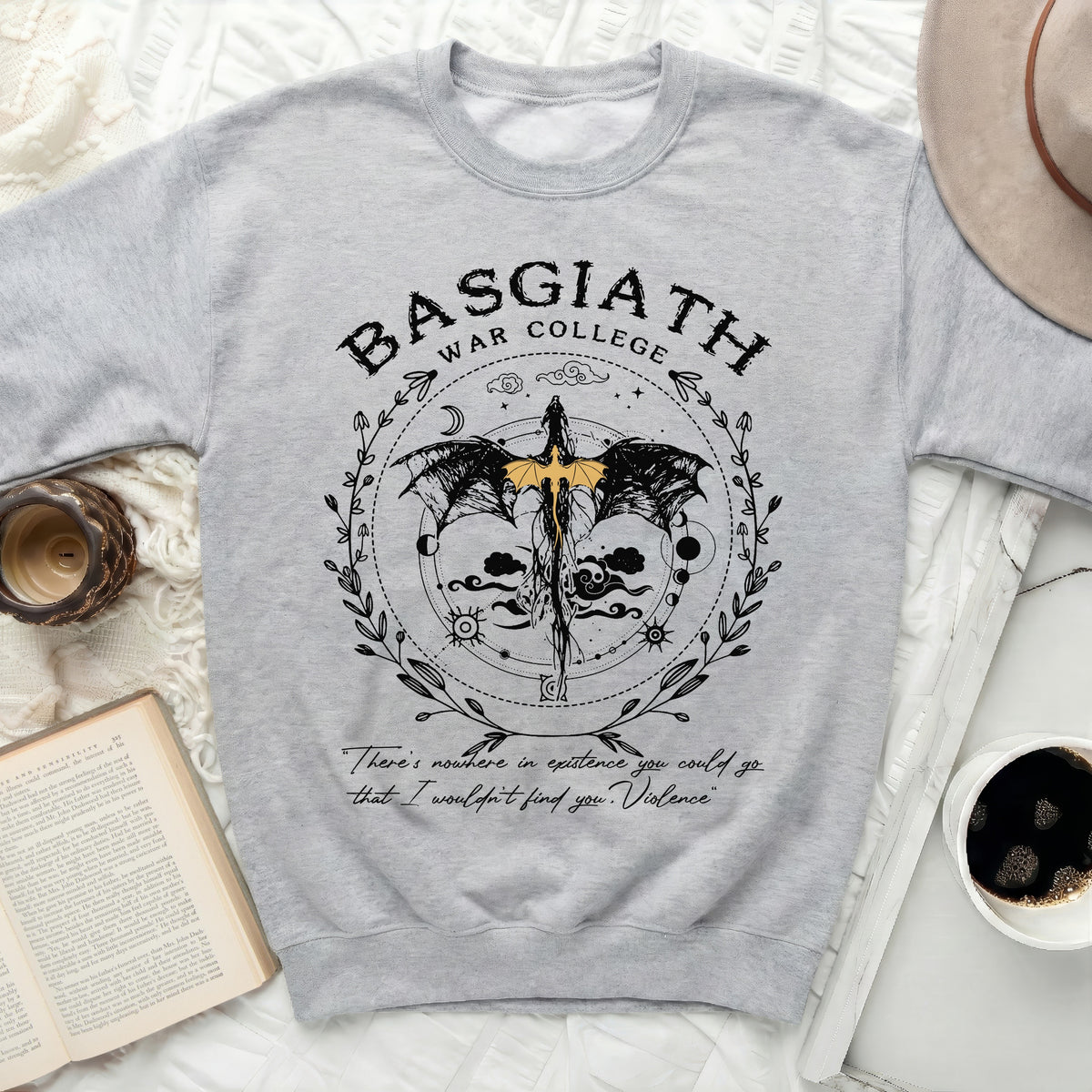 Grey sweatshirt with "BASGIATH WAR COLLEGE" and dragon graphic.