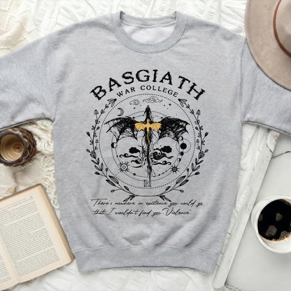 Grey sweatshirt with "BASGIATH WAR COLLEGE" and dragon graphic.