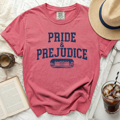 Comfort Colors t-shirt with "Pride & Prejudice" and a house graphic.