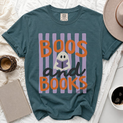 Teal t-shirt with "Boos and Books" and a ghost reading text.