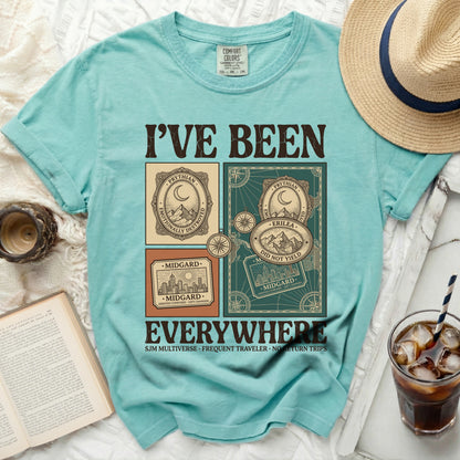 Teal t-shirt with "I've Been Everywhere" and travel-themed graphics.