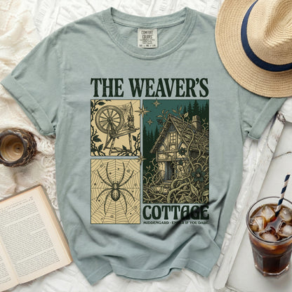 The Weaver's Cottage t-shirt with spider, cottage, and spinning wheel graphics.