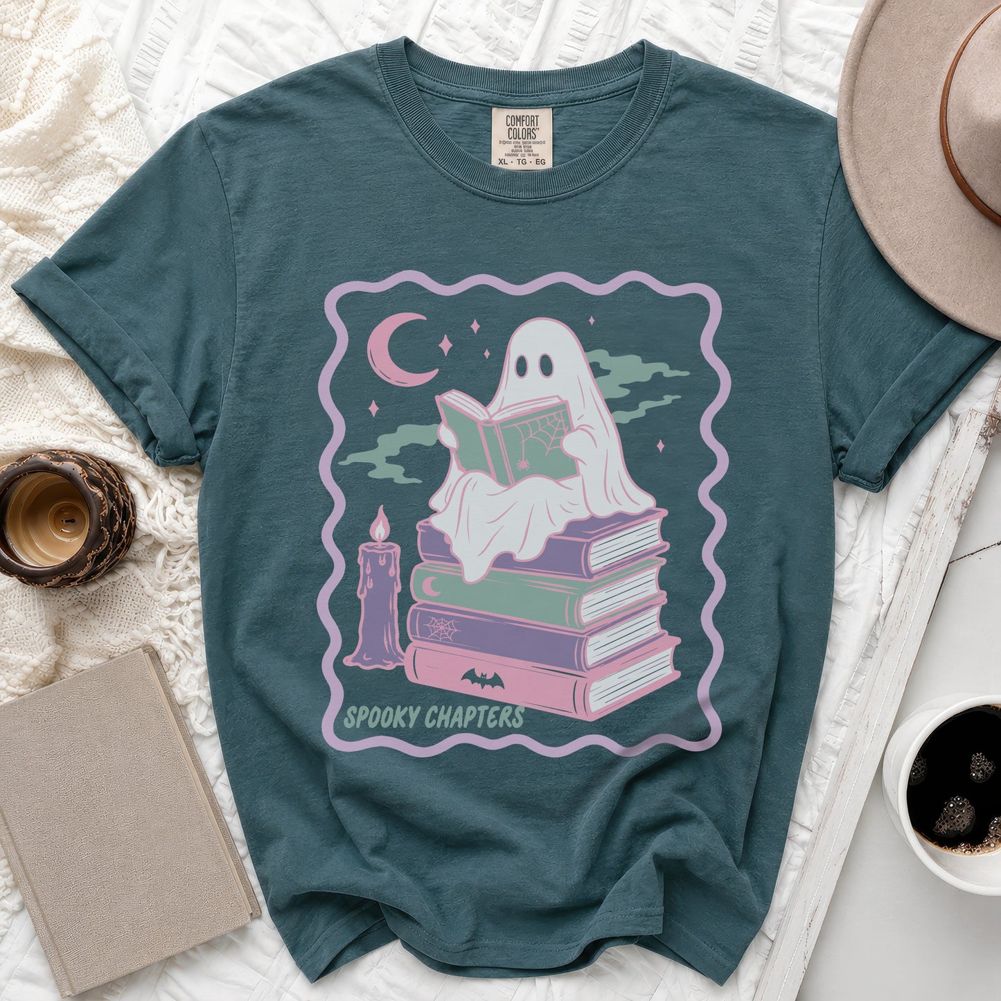 Ghost reading book on stack of books with "Spooky Chapters" text.
