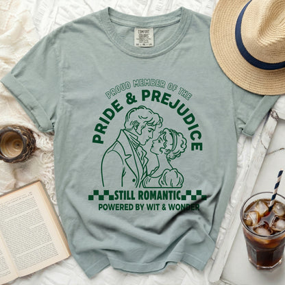 Green T-shirt with Pride and Prejudice graphic and text.