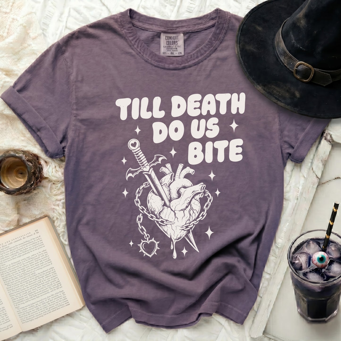 T-shirt with "Till Death Do Us Bite" graphic featuring a heart and dagger.