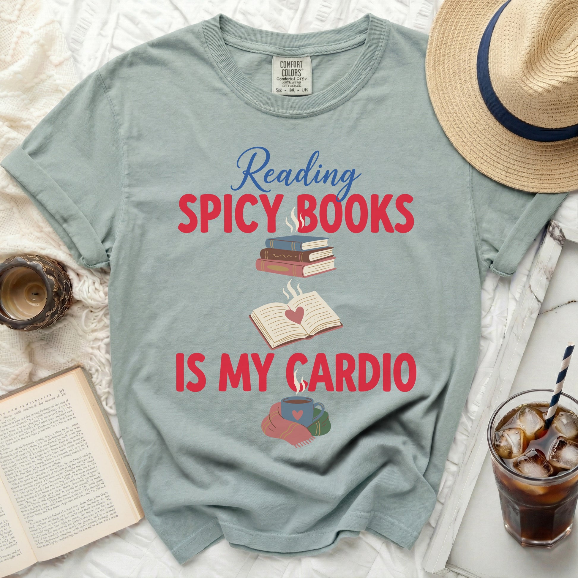 T-shirt with "Reading Spicy Books Is My Cardio" text and book graphics.