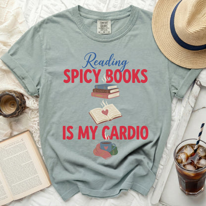 T-shirt with "Reading Spicy Books Is My Cardio" text and book graphics.