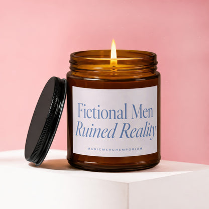 Amber jar candle lit with white label reading "Fictional Men Ruined Reality."