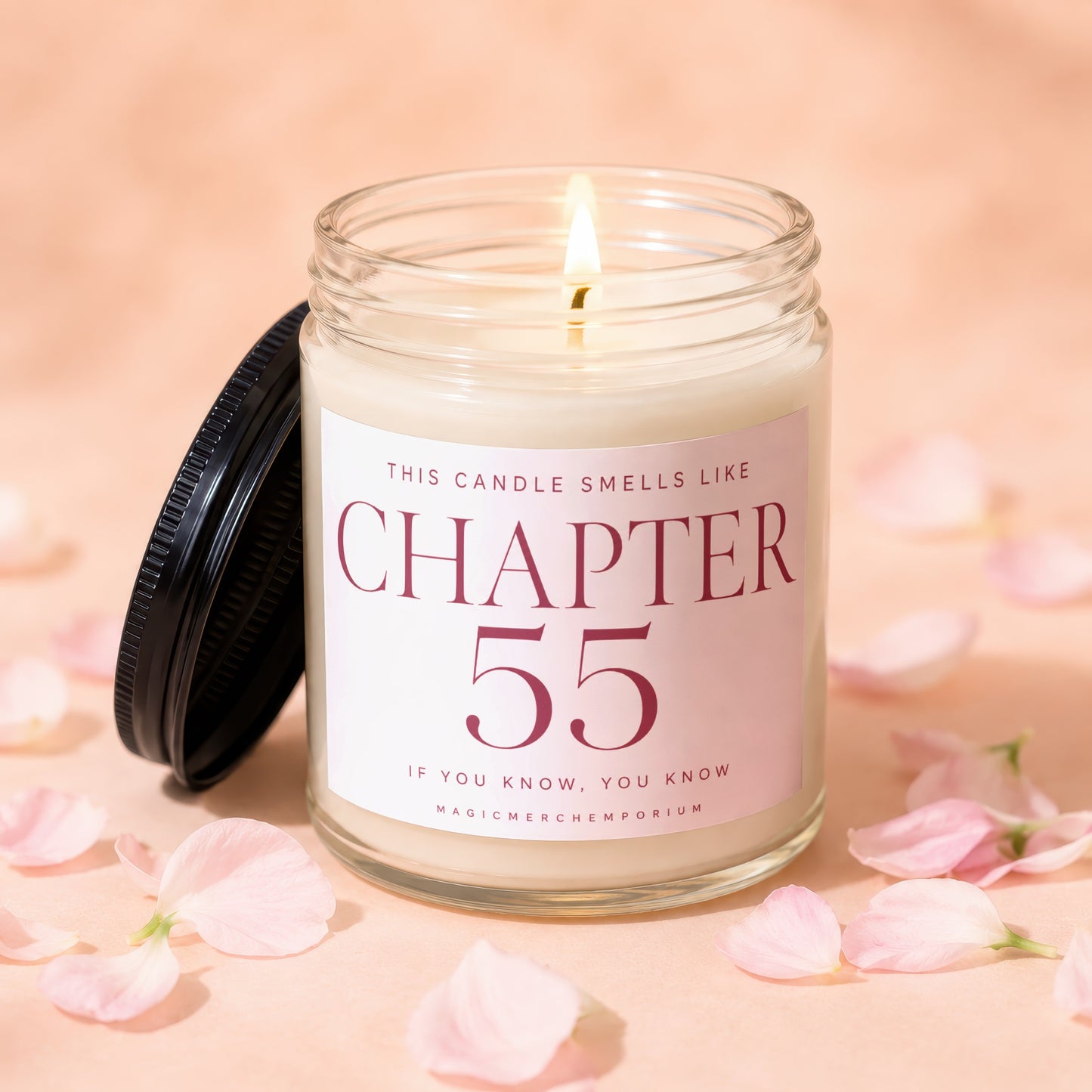 Lit candle in jar with label reading "CHAPTER 55" and "IF YOU KNOW, YOU KNOW".