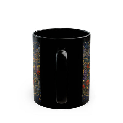 A black ceramic mug featuring a decorative floral and starry night landscape design around the sides.