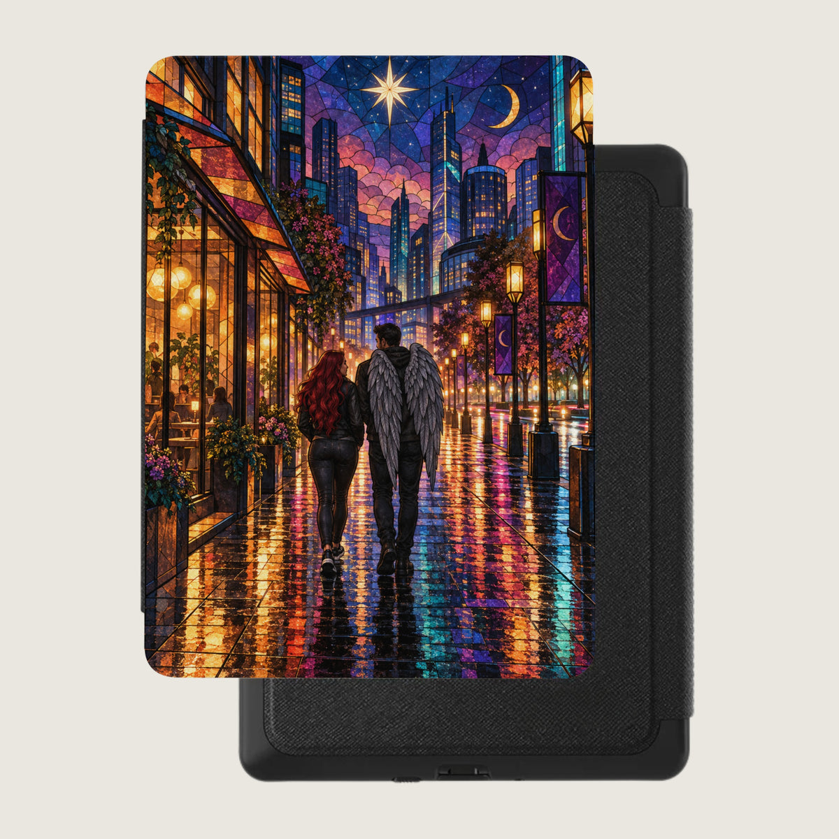 Couple with angel wings walking down a wet city street at night.