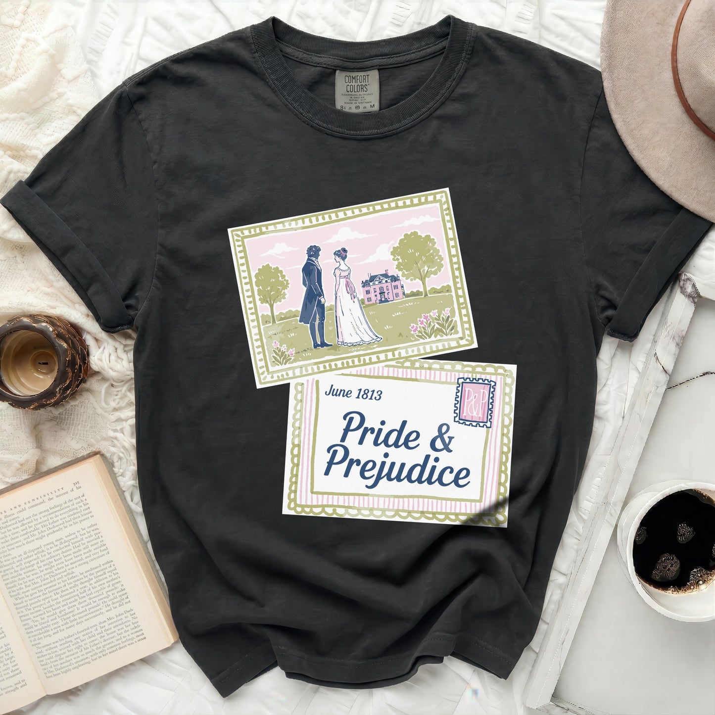 Comfort Colors t-shirt with "Pride & Prejudice" and June 1813 graphic.
