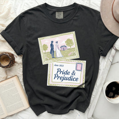 Comfort Colors t-shirt with "Pride & Prejudice" and June 1813 graphic.