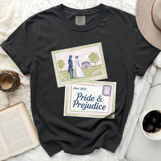 Comfort Colors t-shirt with "Pride & Prejudice" and June 1813 graphic.