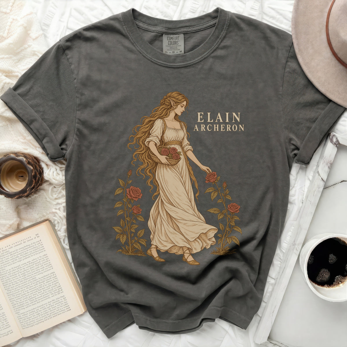 Grey t-shirt with "Elain Archeron" text and a woman with roses design.