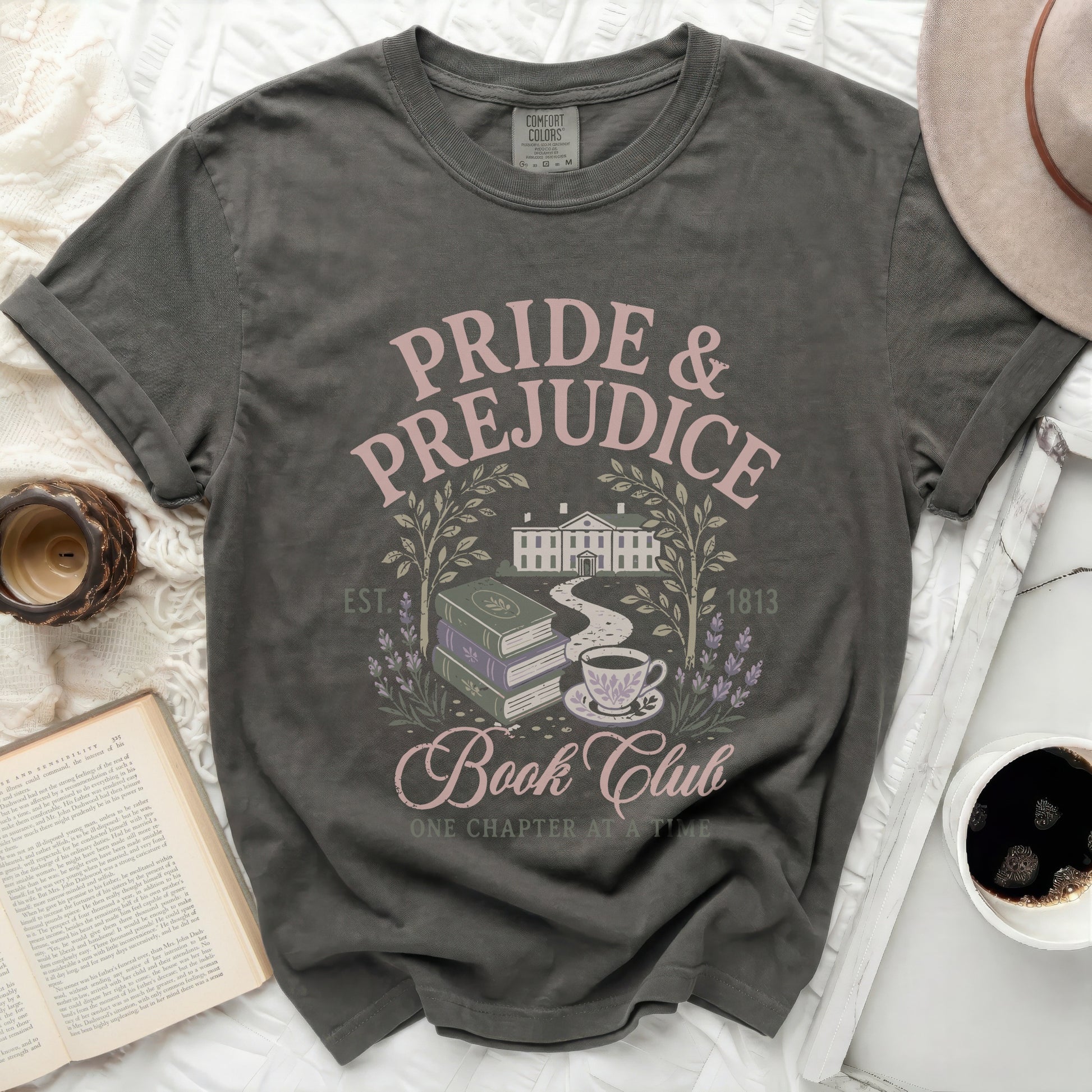Pride & Prejudice Book Club graphic t-shirt with books and tea.