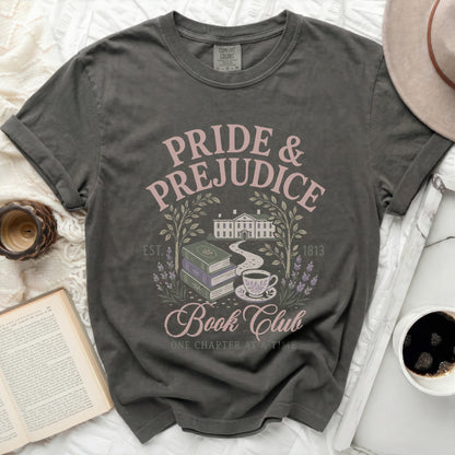 Pride & Prejudice Book Club graphic t-shirt with books and tea.