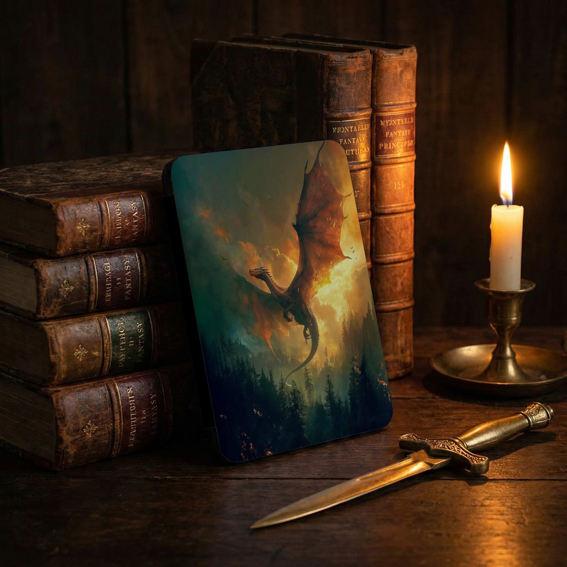 Dragon flight fantasy forest ancient books candlelight dagger product type