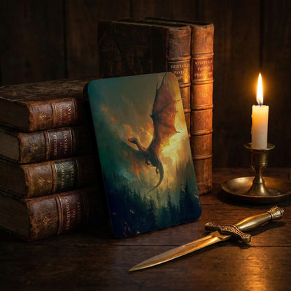 Dragon flight fantasy forest ancient books candlelight dagger product type