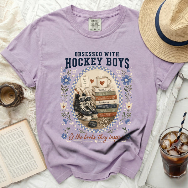 Obsessed With Hockey Boys & Books Tee in Orchid