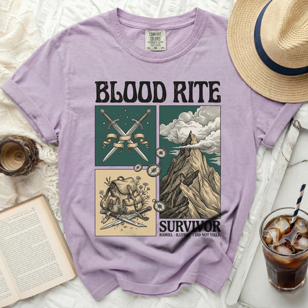 Purple t-shirt with "Blood Rite Survivor" graphic featuring swords, mountain, and backpack.