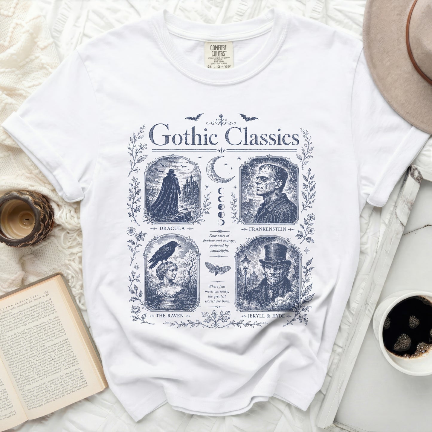 Gothic Classics t-shirt with Dracula, Frankenstein, The Raven, and Jekyll & Hyde designs.