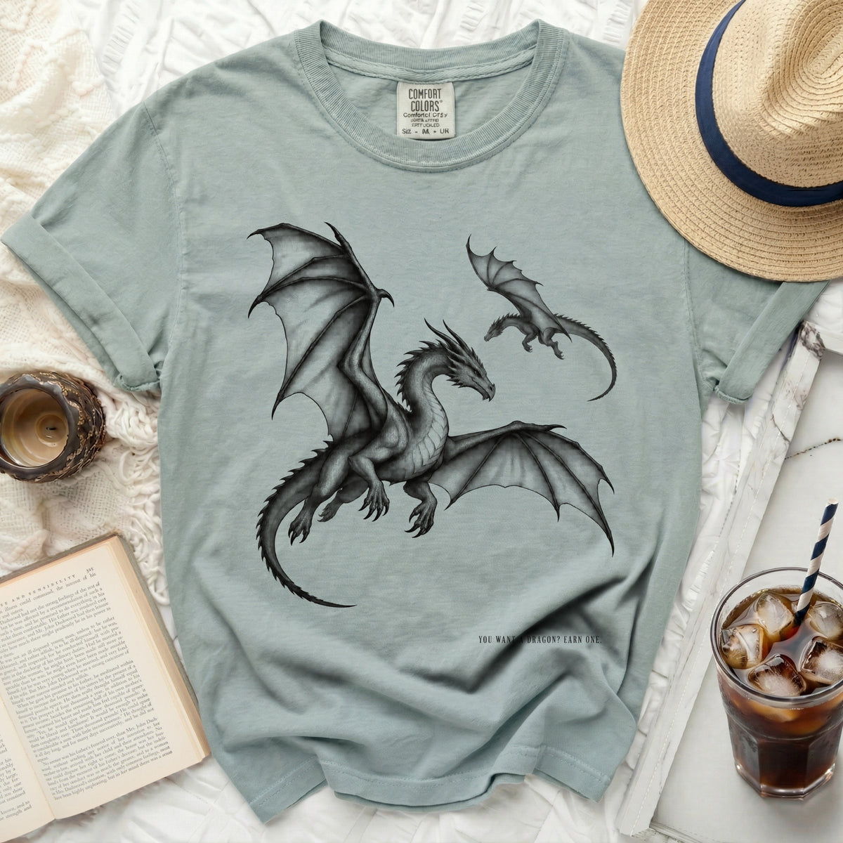 Dusty blue t-shirt with a large dragon and smaller dragon illustration.