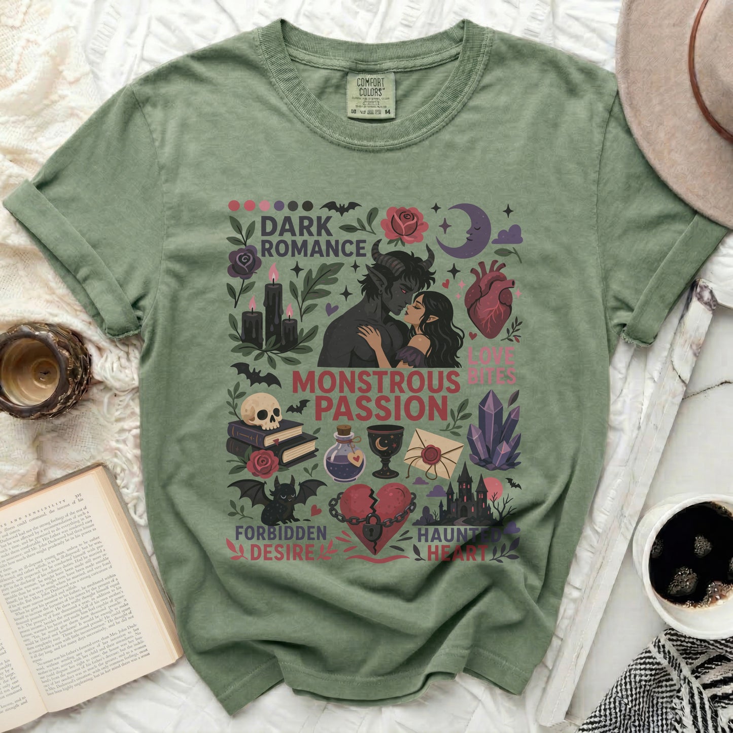 Dark Romance graphic tee with occult symbols and text.