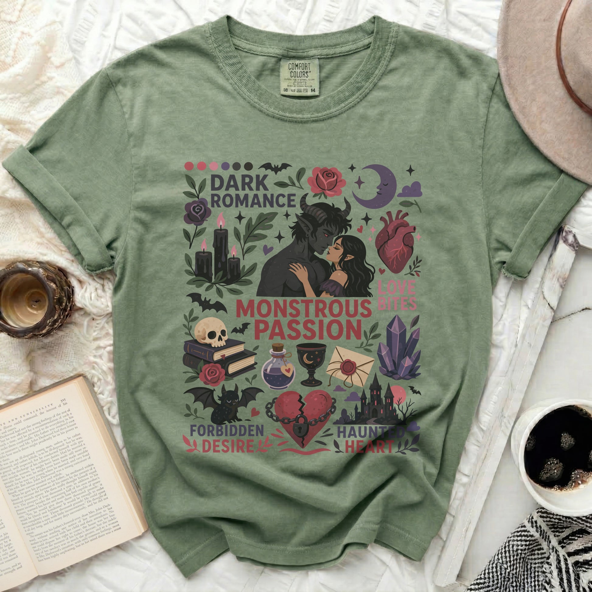 Dark Romance graphic tee with occult symbols and text.