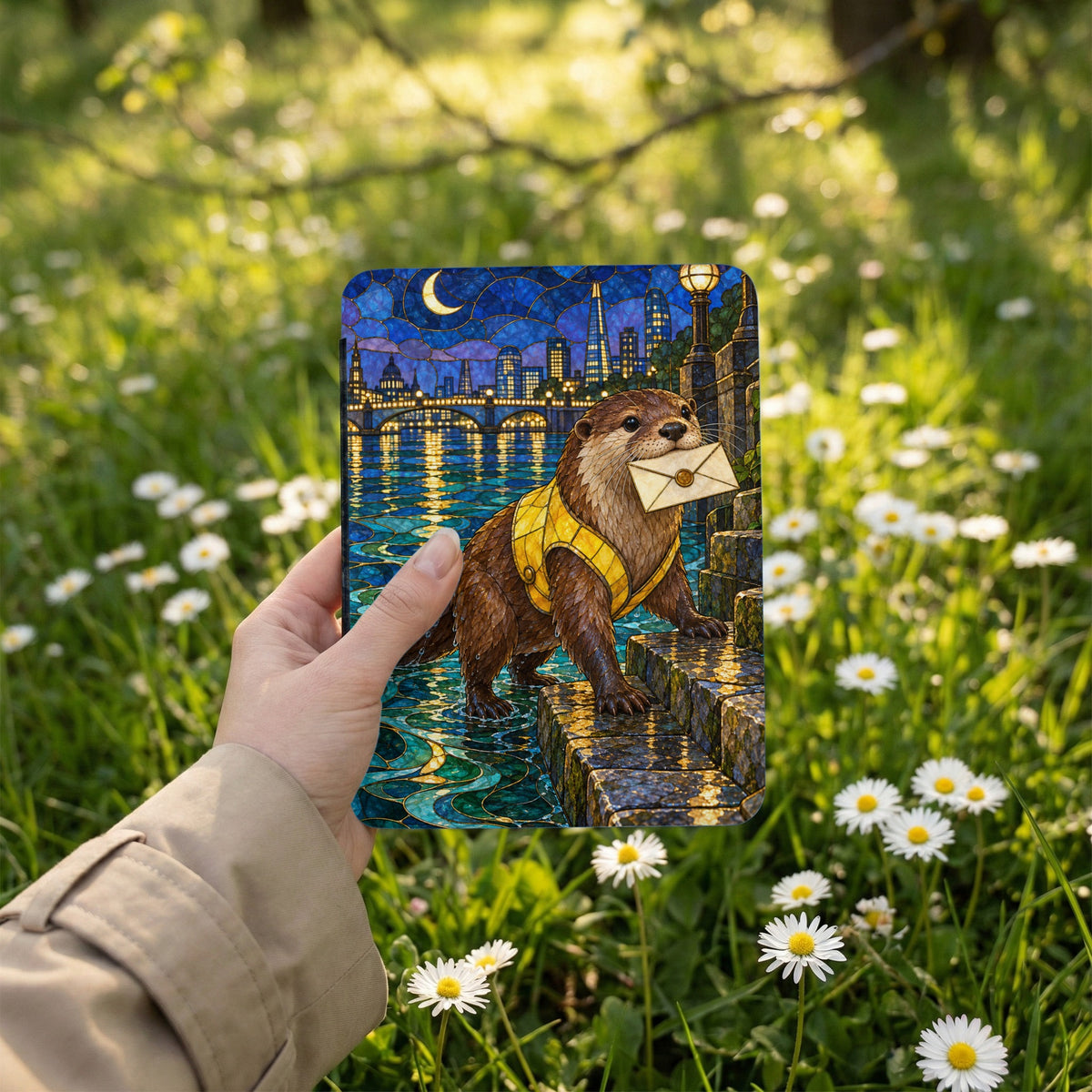 Otter in yellow vest carries envelope past London cityscape at night in stained glass style.