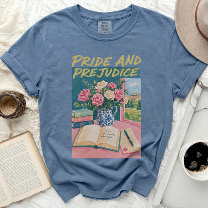 Blue t-shirt with Pride and Prejudice book, flowers, and text graphic.