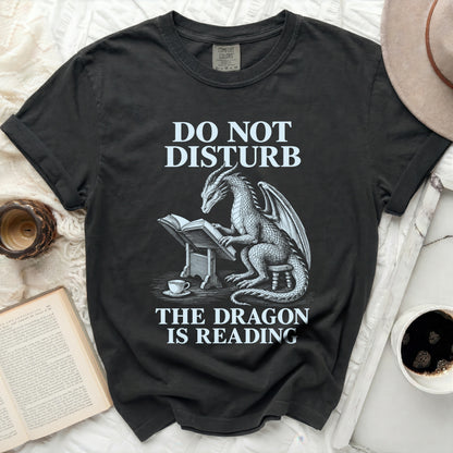 T-shirt with dragon reading a book, text "DO NOT DISTURB THE DRAGON IS READING".