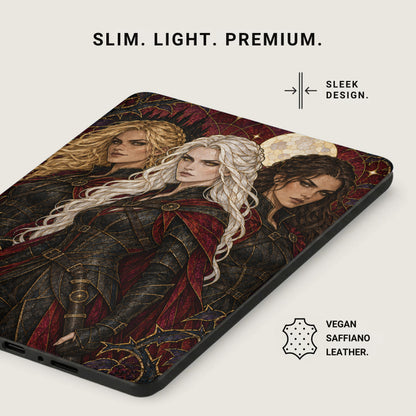 Phone case with artwork of three women, text "Slim. Light. Premium.", and "Vegan Saffiano Leather".