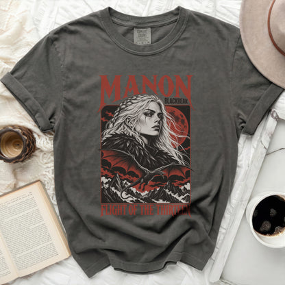 Dark gray t-shirt with Manon Blackbeak and dragon graphic, "Flight of the Thirteen" text.