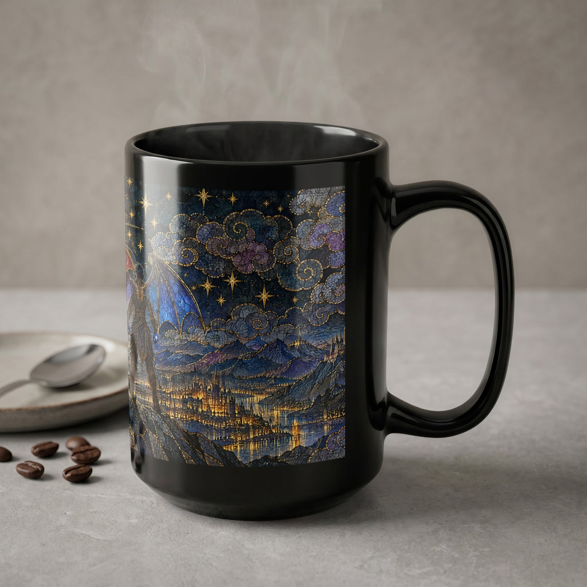 A black ceramic mug featuring a stained-glass style fantasy artwork of a winged creature overlooking a city at night.